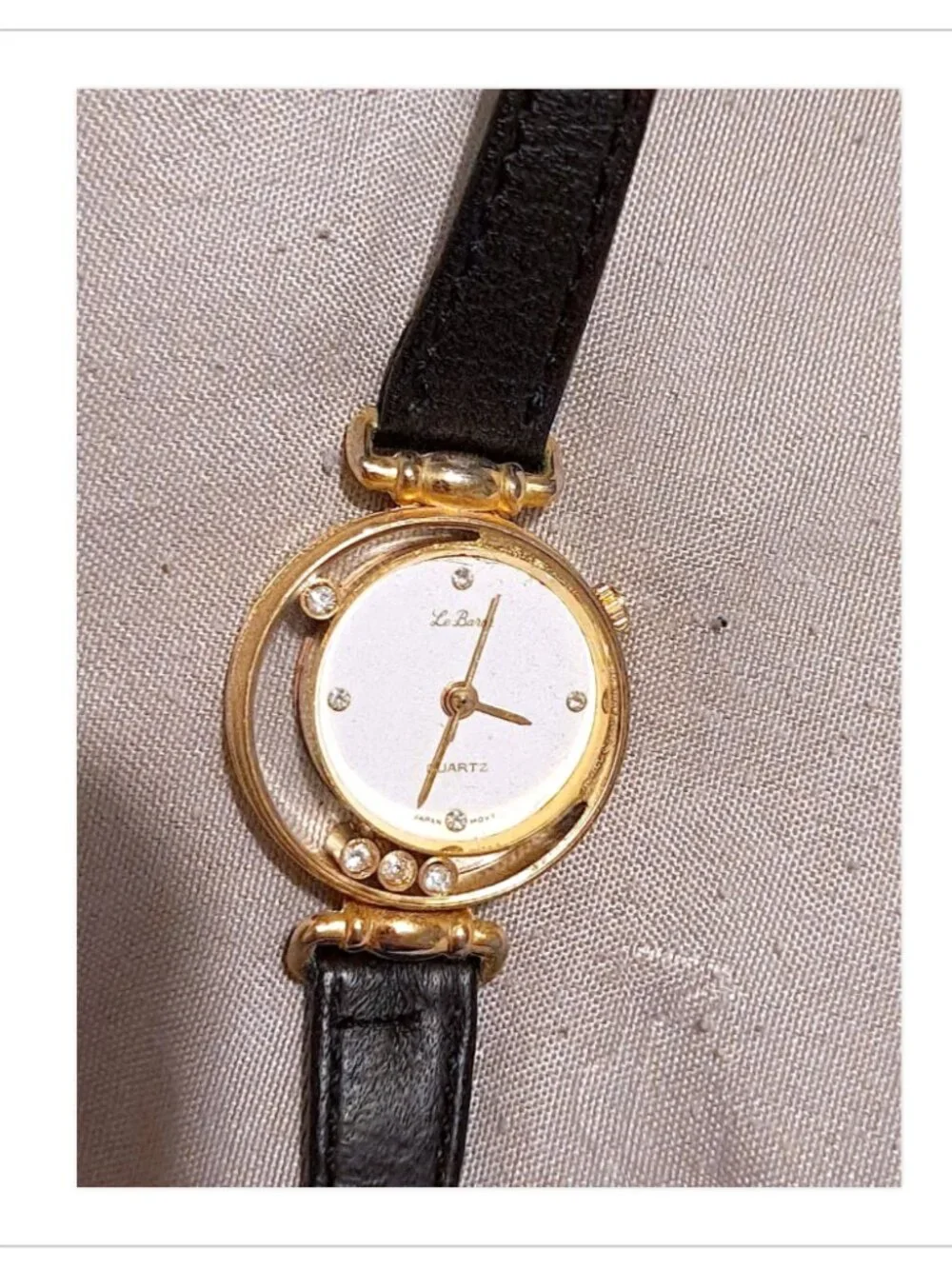 Le Baron Quartz Ladies Watch Gold Tone Floating Rhinestone Bezel Black Leather B
